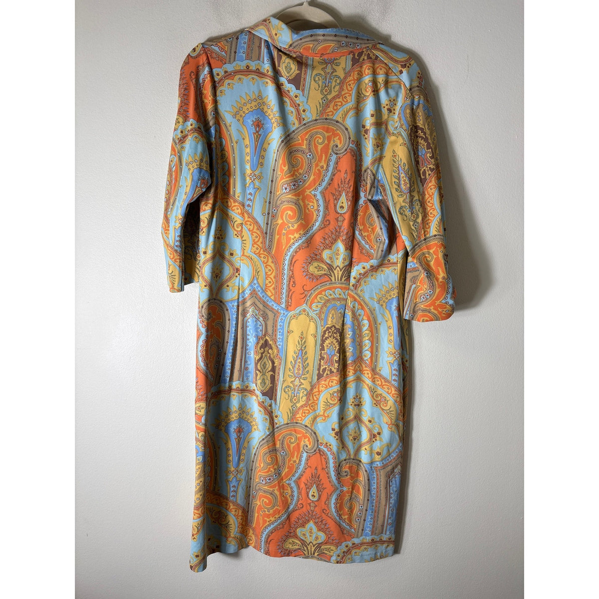 J. McLaughlin Ligbt Blue and Orange 3/5 Sleeve Button Up Midi Dress Sz M