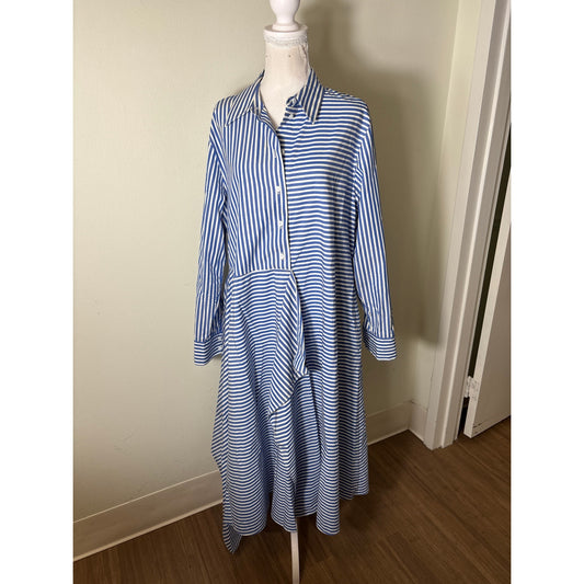 Lafayette 148 Blue and White Stripe Long Sleeve Button Up Maxi Dress Sz L