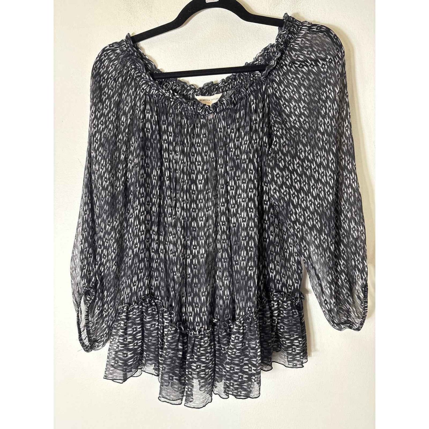 Rebecca Taylor Black White Off The Shoulder Sheer Long Sleeve Shirt sz 10
