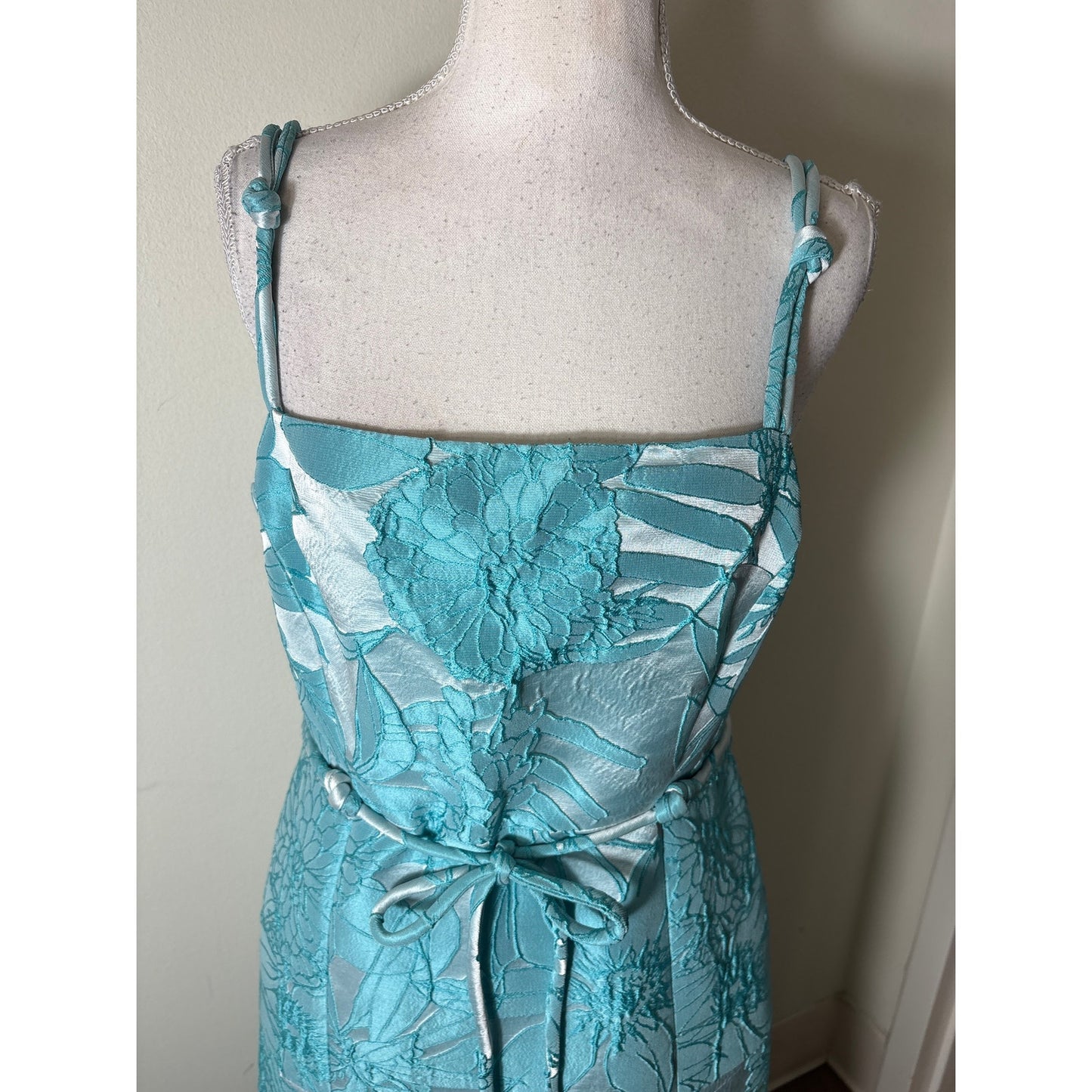 Alexis Teal Floral Knotted Strap Gown Sz M