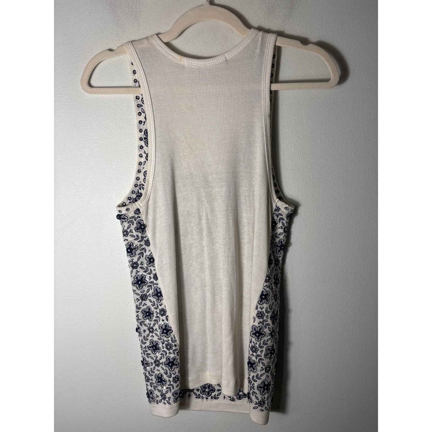 Lela Rose Cream and Navy Cotton Ribbed Embroidered Tank Sz L