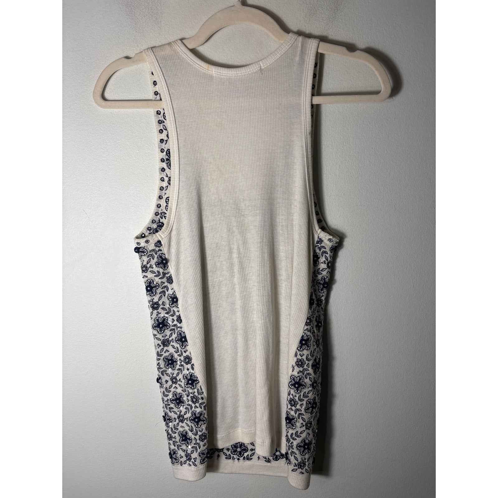 Lela Rose Cream and Navy Cotton Ribbed Embroidered Tank Sz L