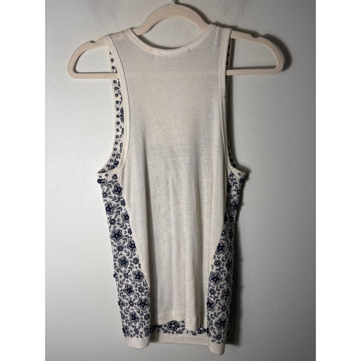 Lela Rose Cream and Navy Cotton Ribbed Embroidered Tank Sz L