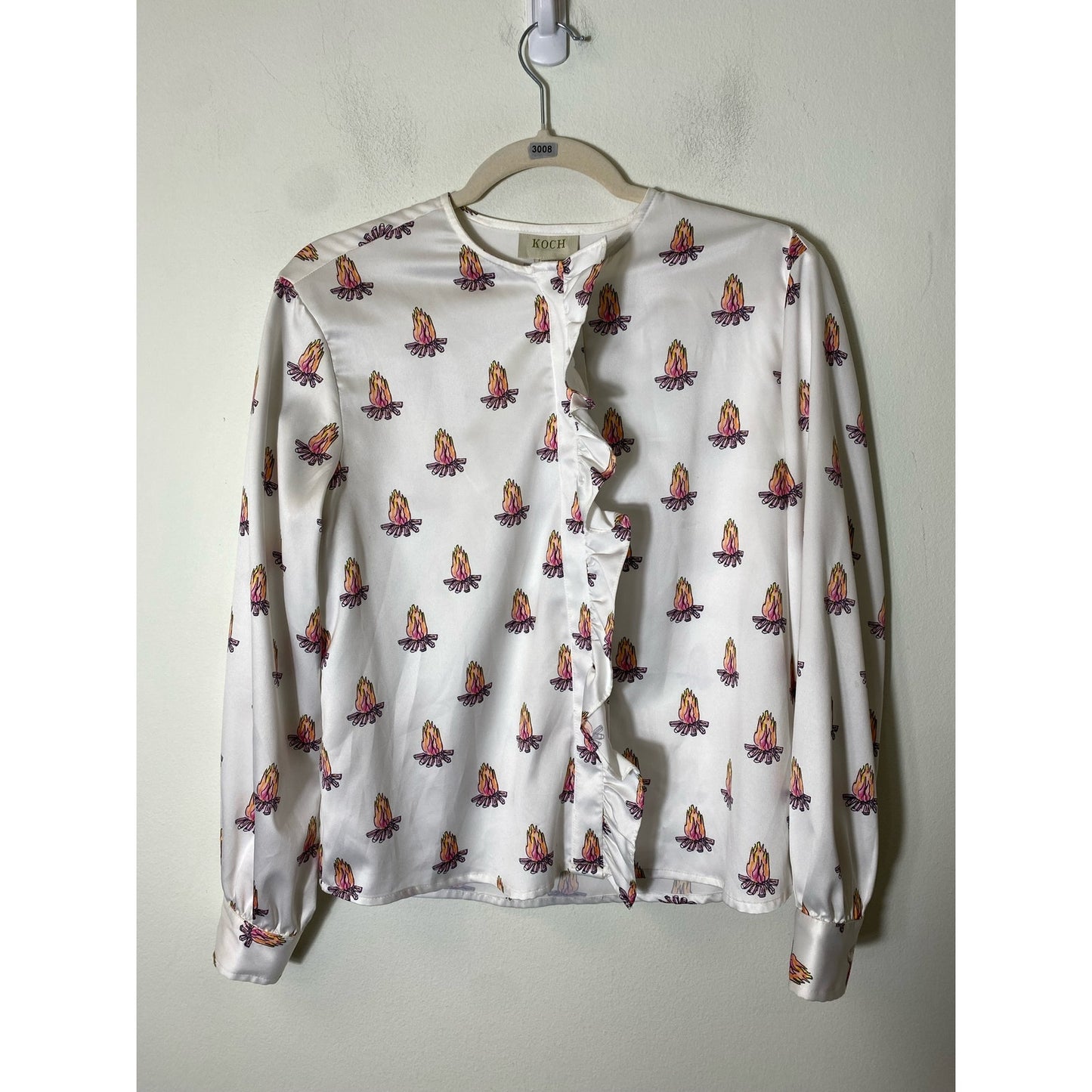 Koch White Campfire Pattern Satin Ruffle Button Down Top Sz S