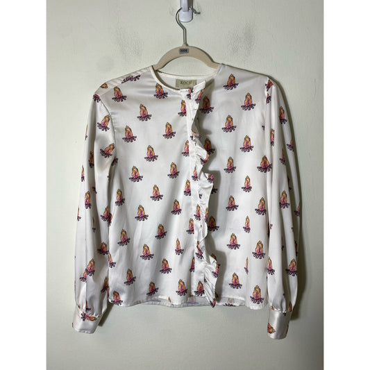 Koch White Campfire Pattern Satin Ruffle Button Down Top Sz S