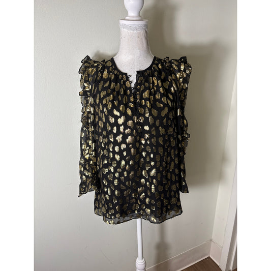 Rebecca Taylor Black and Gold 3/4 Sleeve Semi Sheer Blouse Sz 4