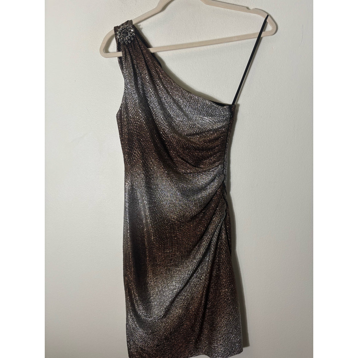 Maggie London Copper Silver Shimmer One Shoulder Ruched Cocktail Dress Sz 2