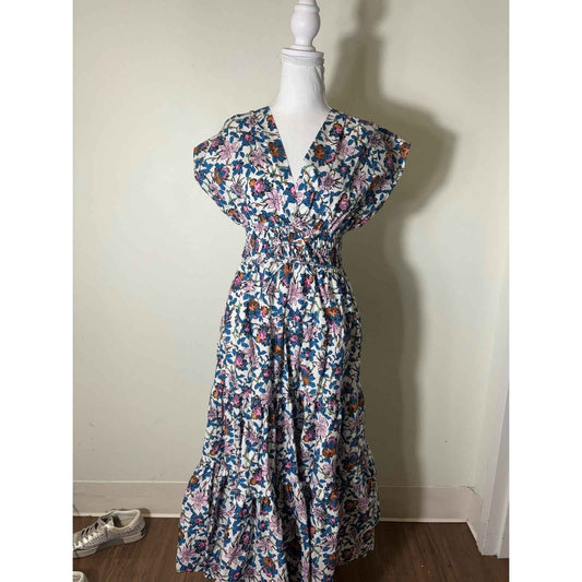 Derek Lam IO Crosby Multicolor Floral Cap Sleeve Cotton A Line Maxi Dress Sz 2