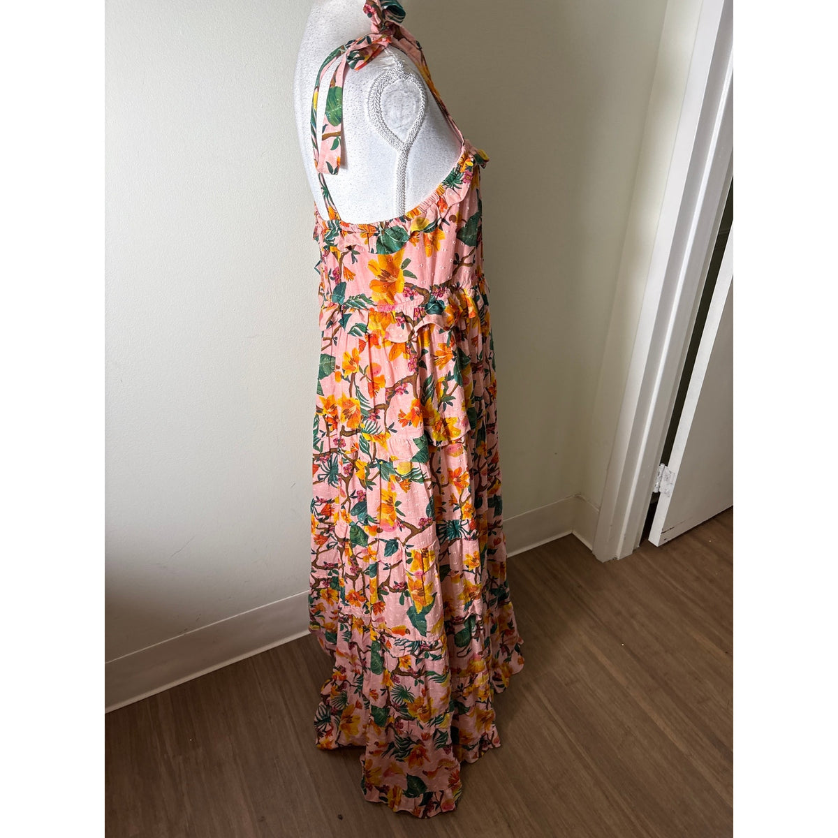 Farm Rio Pink Floral Tiered Cotton Maxi Dress Sz M