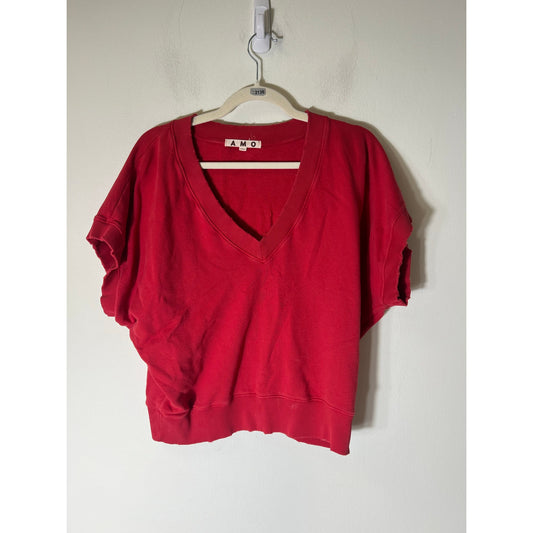 Amo Red Knit Distressed V-Neck Sleeveless Distressed Sweatshirt Sz M