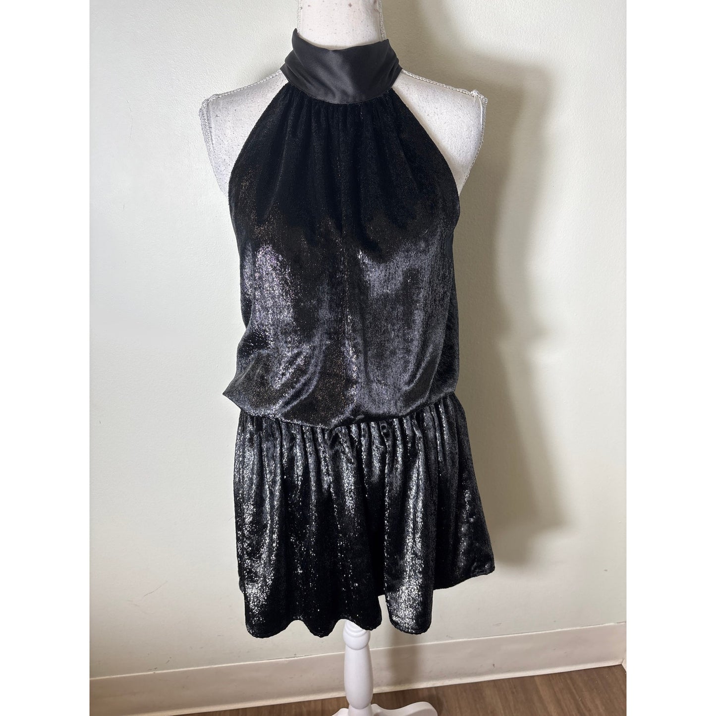Ramy Brook Black Sparkly Sleeveless High Collar Mini Dress Sz XS