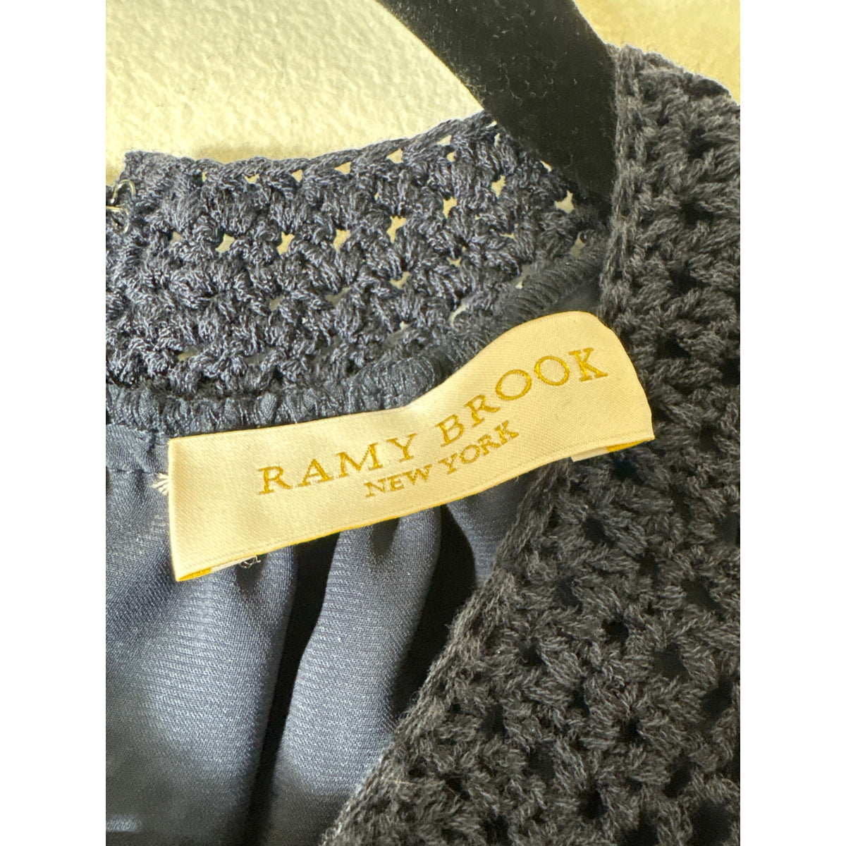Ramy Brook Navy Blue Cold Shoulder Long Sleeve Crocheted Shirt Sz M