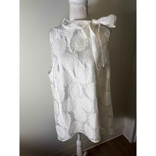 Pearl by Lela Rose White Applique Mock Neck Sleeveless Top Sz L