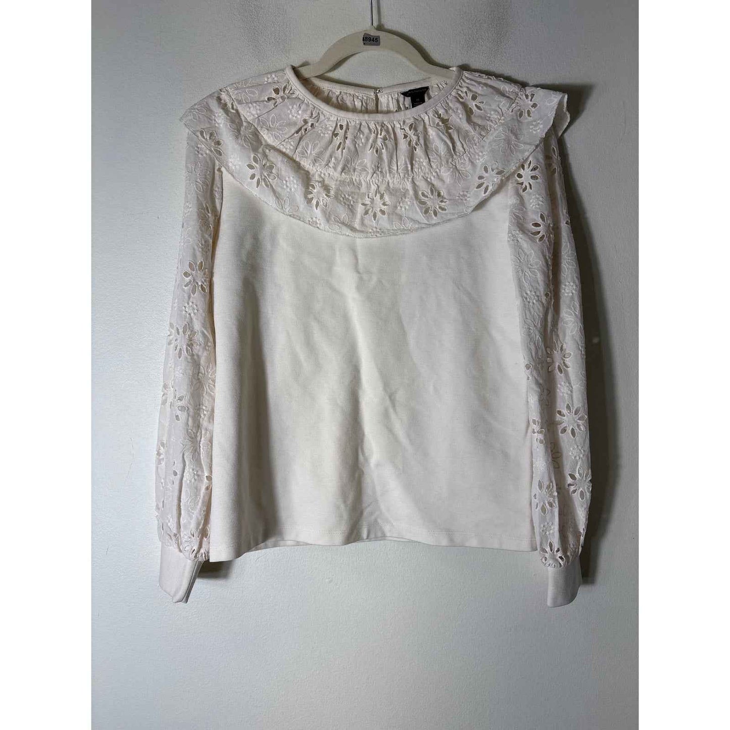 Ann Taylor Cream White Mixed Media Long Sleeve Eyelet Top Sz XS