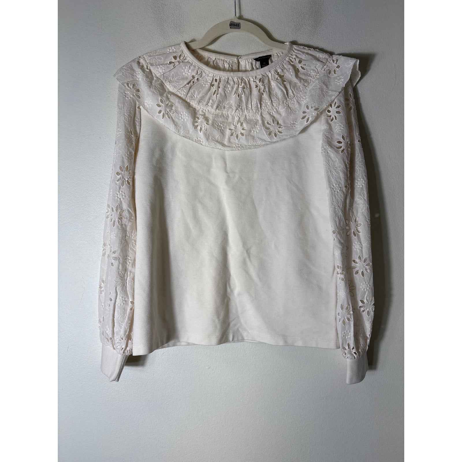 Ann Taylor Cream White Mixed Media Long Sleeve Eyelet Top Sz XS