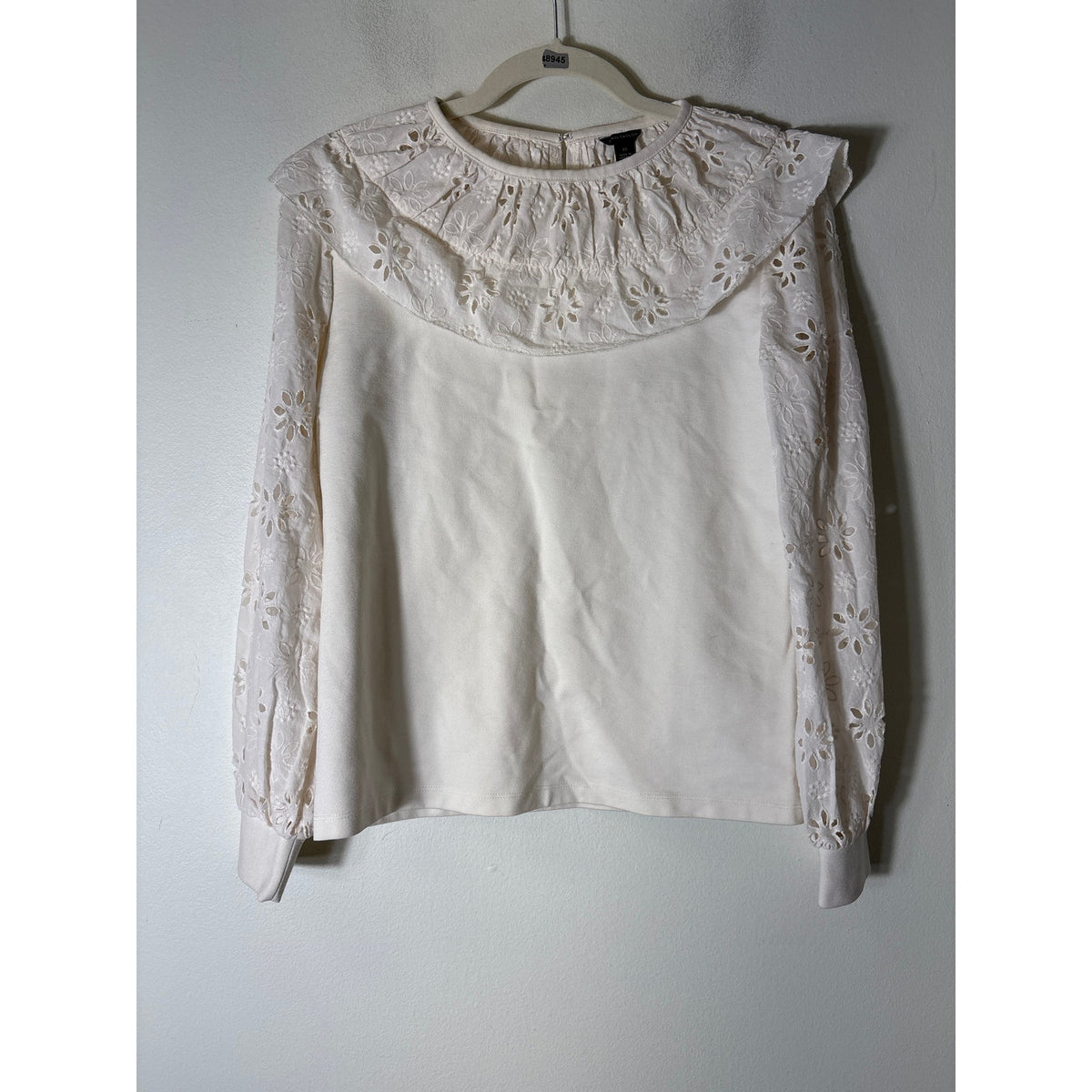 Ann Taylor Cream White Mixed Media Long Sleeve Eyelet Top Sz XS