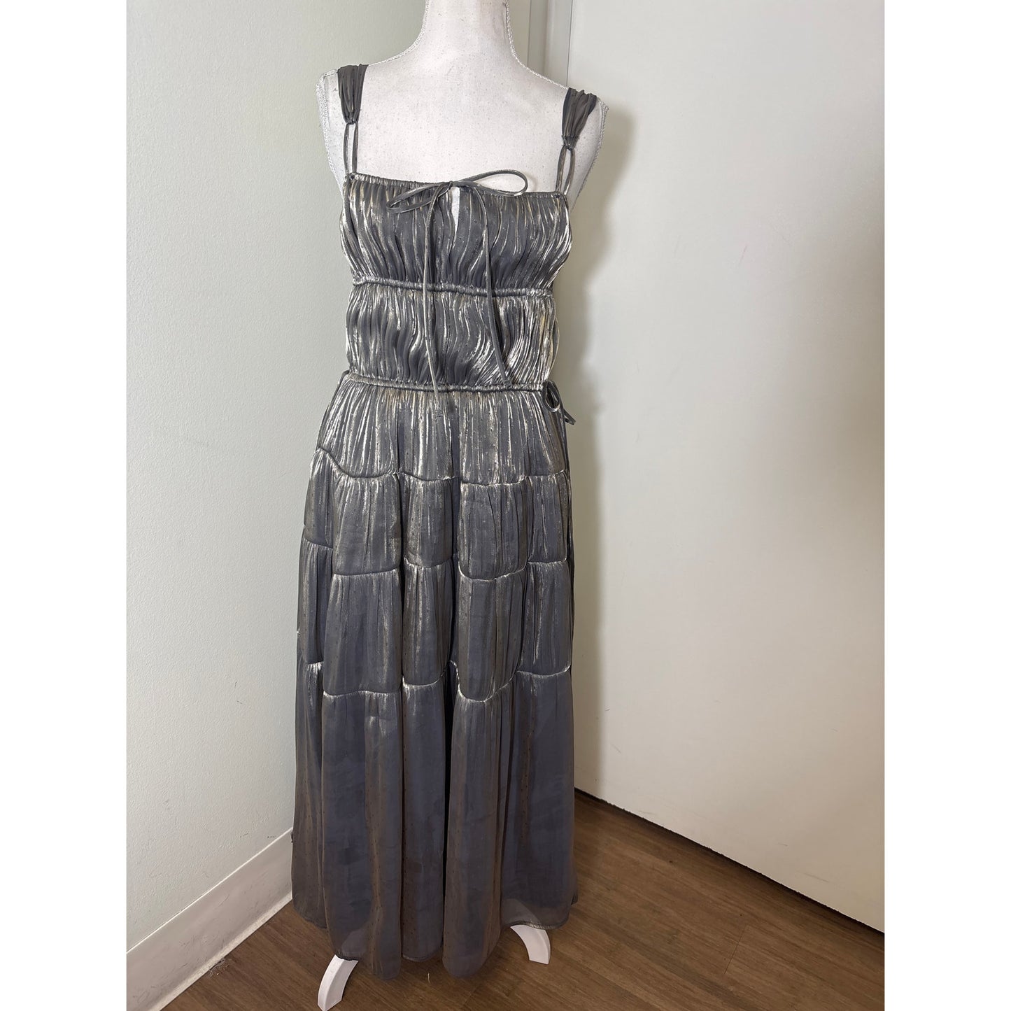 Ciao Lucia Gun Metal Pleated Tiered Long FLowy Special Occasion Dress Sz L