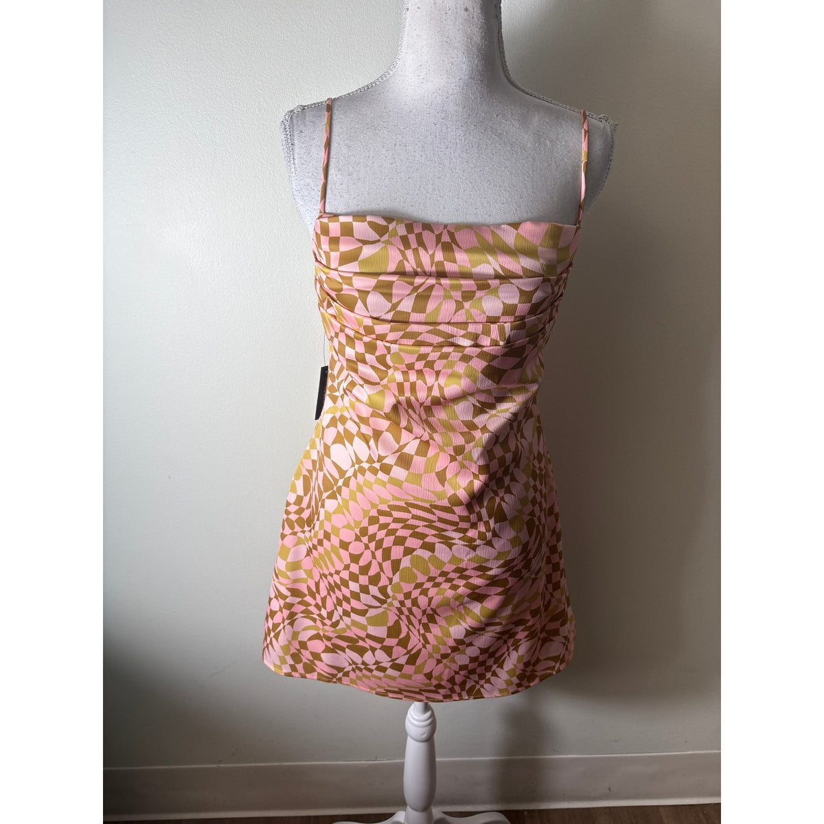NWT AFRM Blush Checkerboard Spaghetti Strap Mini Dress Sz S