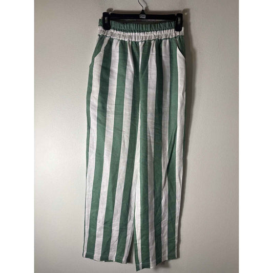 Electric and Rose Anthropologie Green White Stripe Pull On Linen Pants Sz S