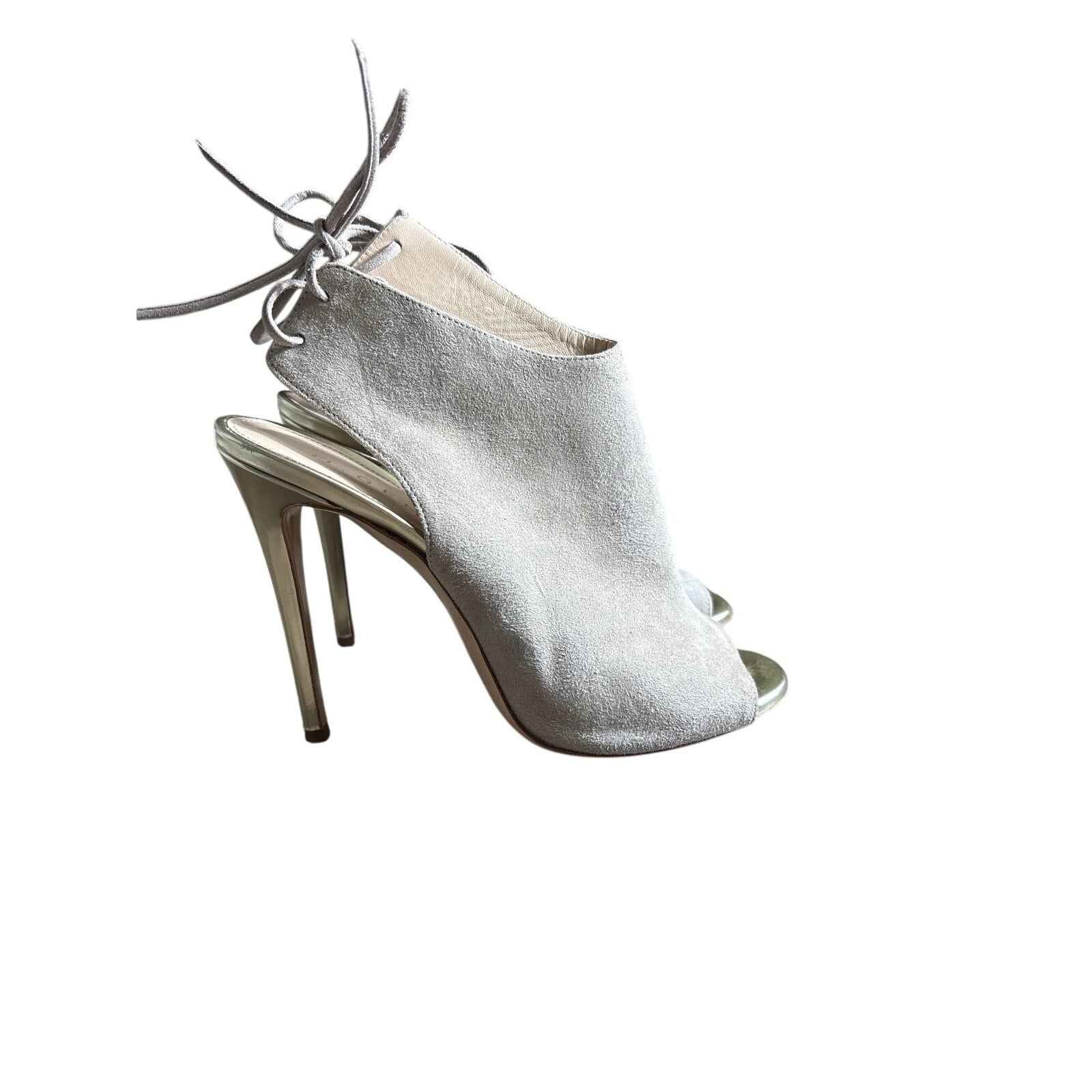M.Gemi Suede Peep Toe Gold Heels Sz 38 (7.5)