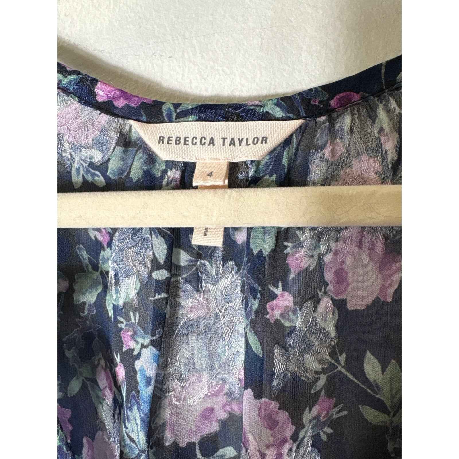Rebecca Taylor Purple and Blue Floral Sheer Long Sleeve Shirt Sz 4