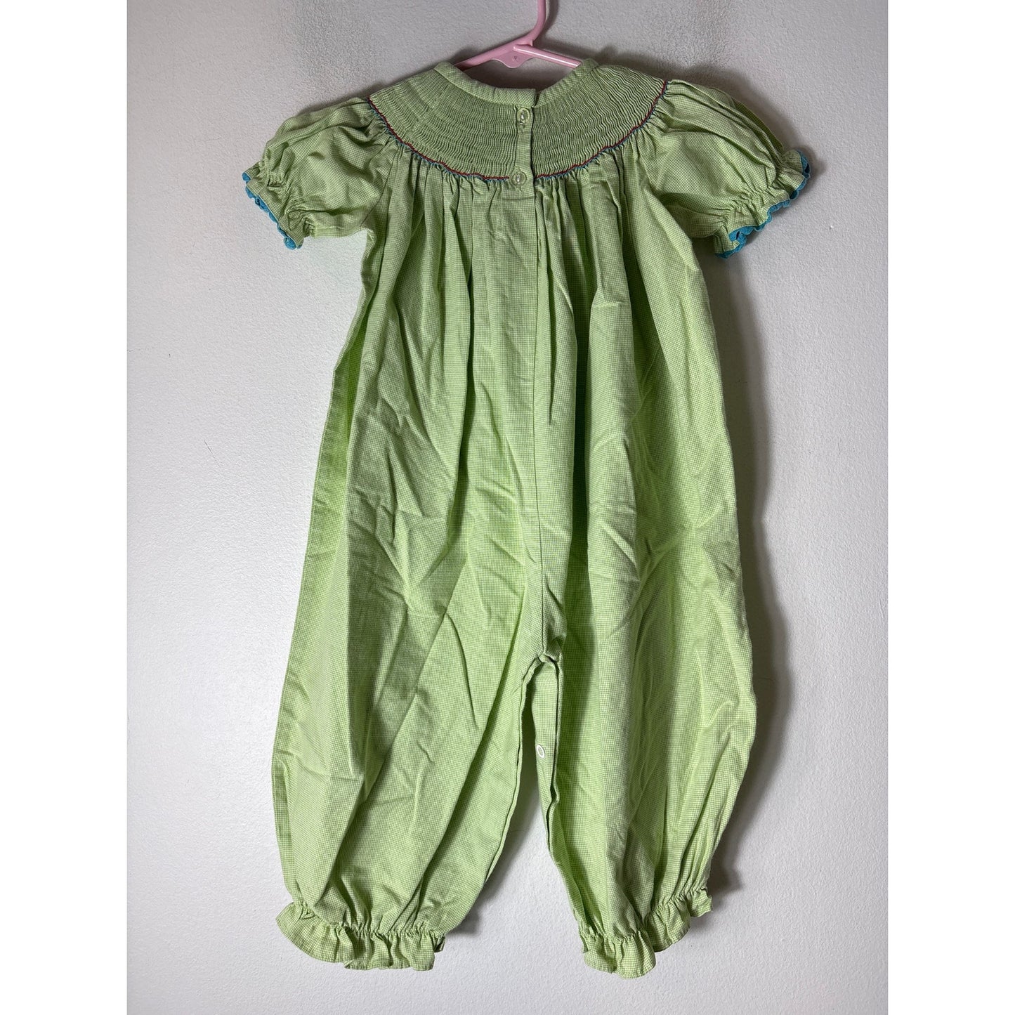Girls Vintage Castles&Crowns green&White Check Smocked Lollipop Long Bubble S24m