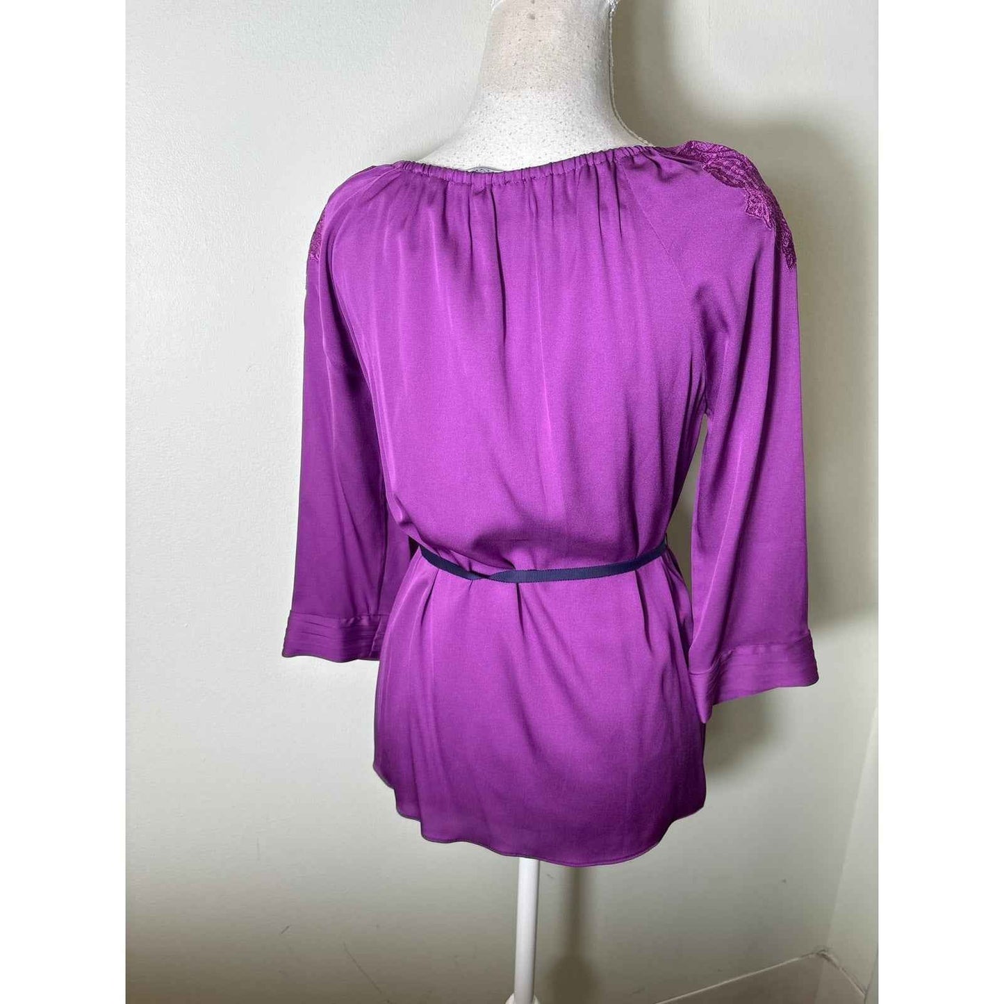 Elie Tahari Purple and Neon Yellow Long Sleeve Embroidered Silk Blouse Sz XS