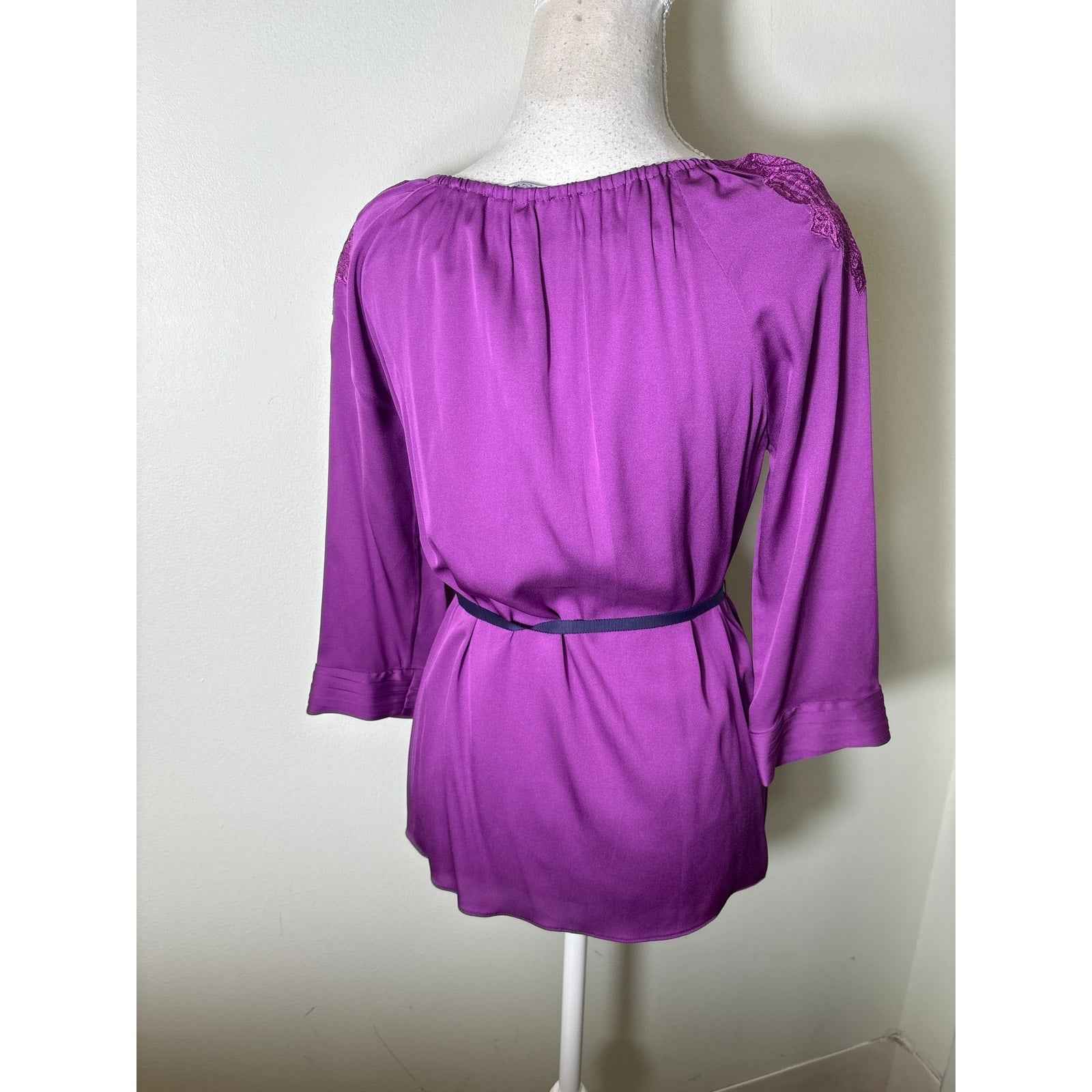 Elie Tahari Purple and Neon Yellow Long Sleeve Embroidered Silk Blouse Sz XS