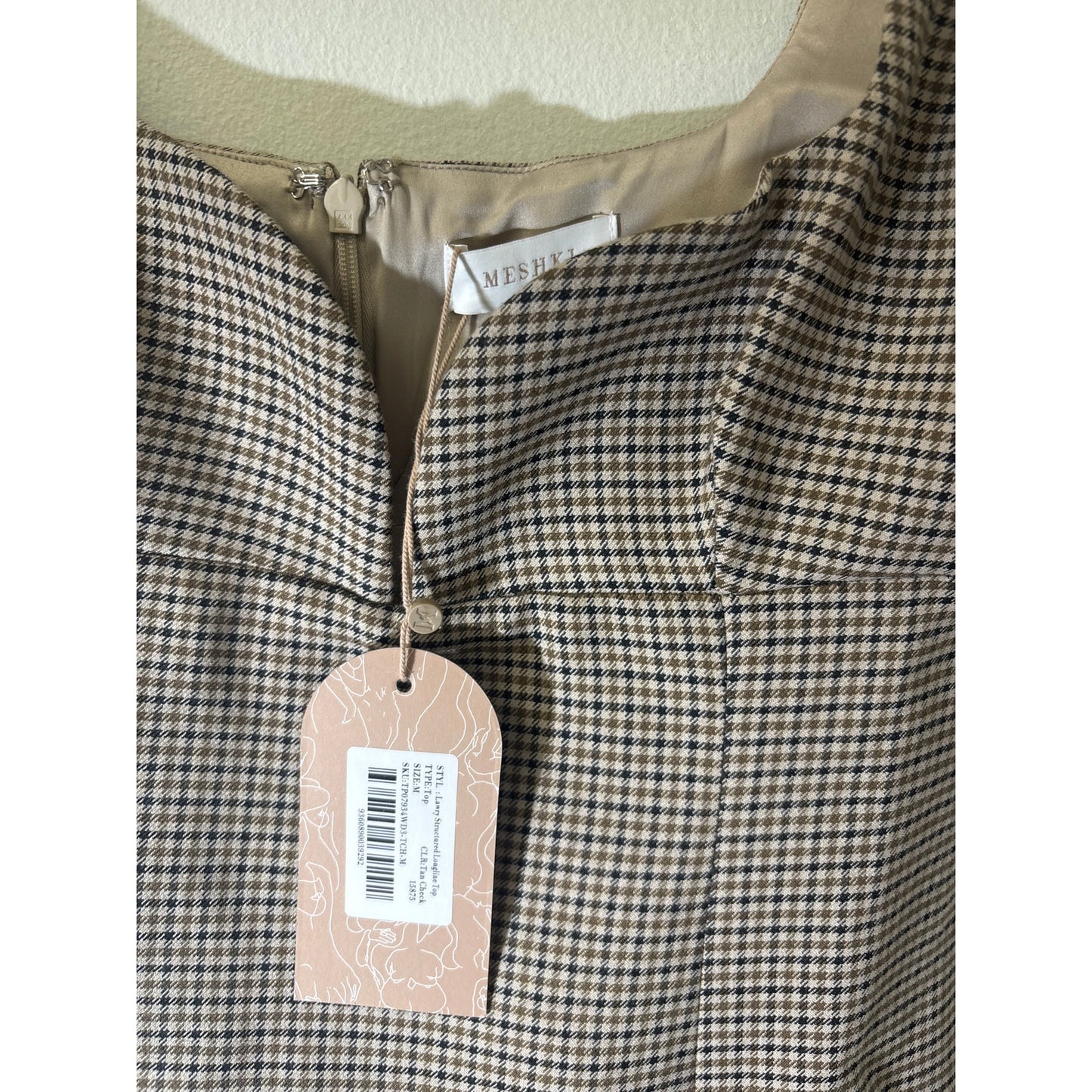 NWT Meshki Tan and Black Check Back Zip Top Sz M