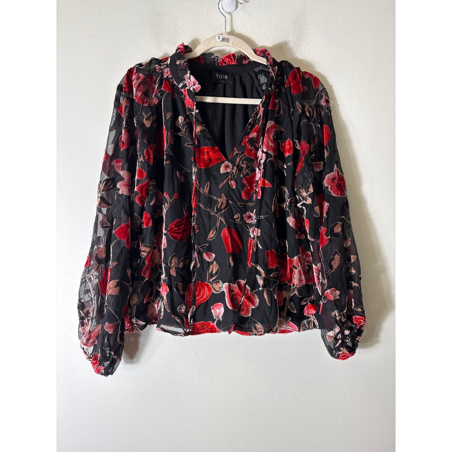 Fate Black Mesh With Velvet Roses Blouse Sz S