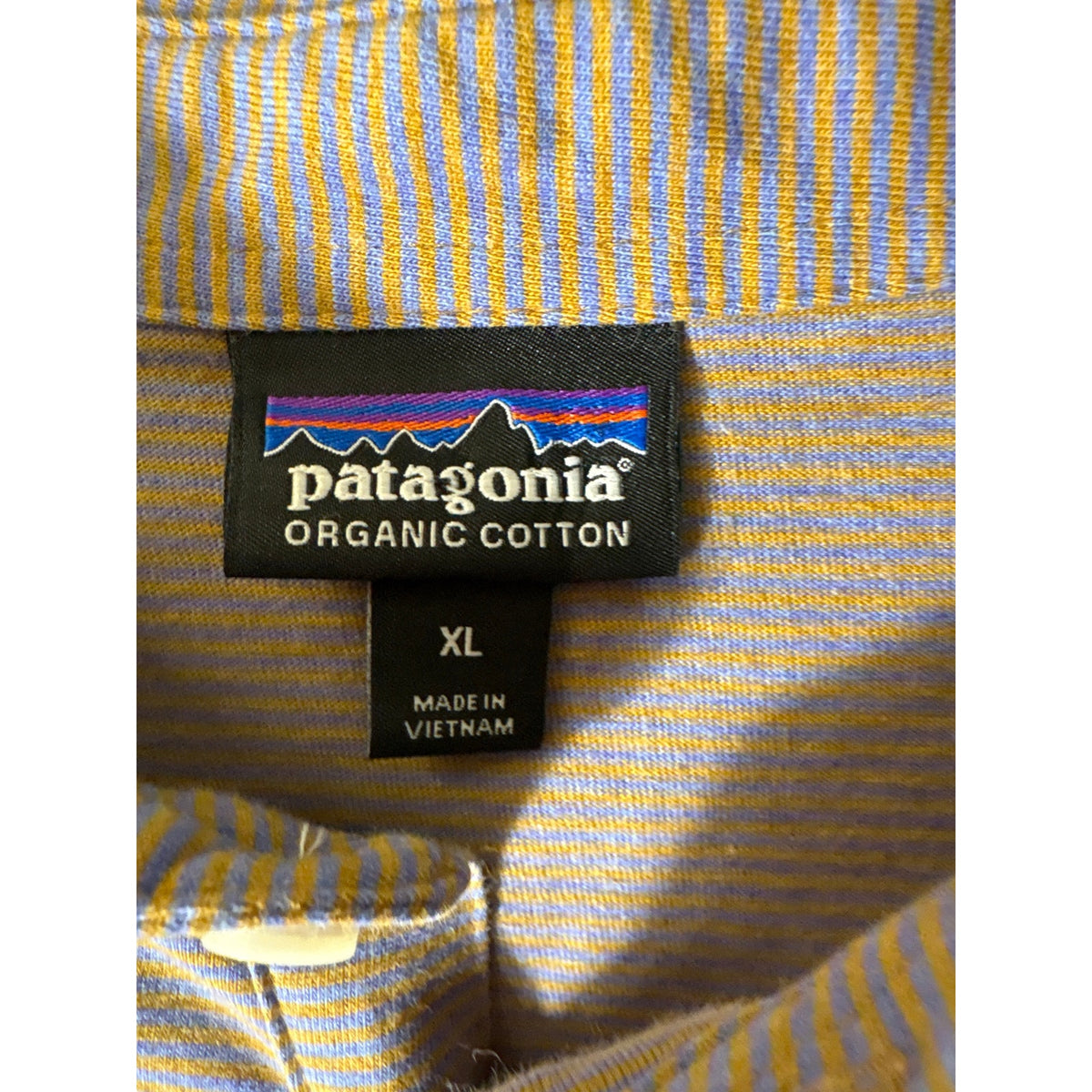 Men's Patagonia Muted Blue and Orange Stripe Polo Style Shirt Sz XL