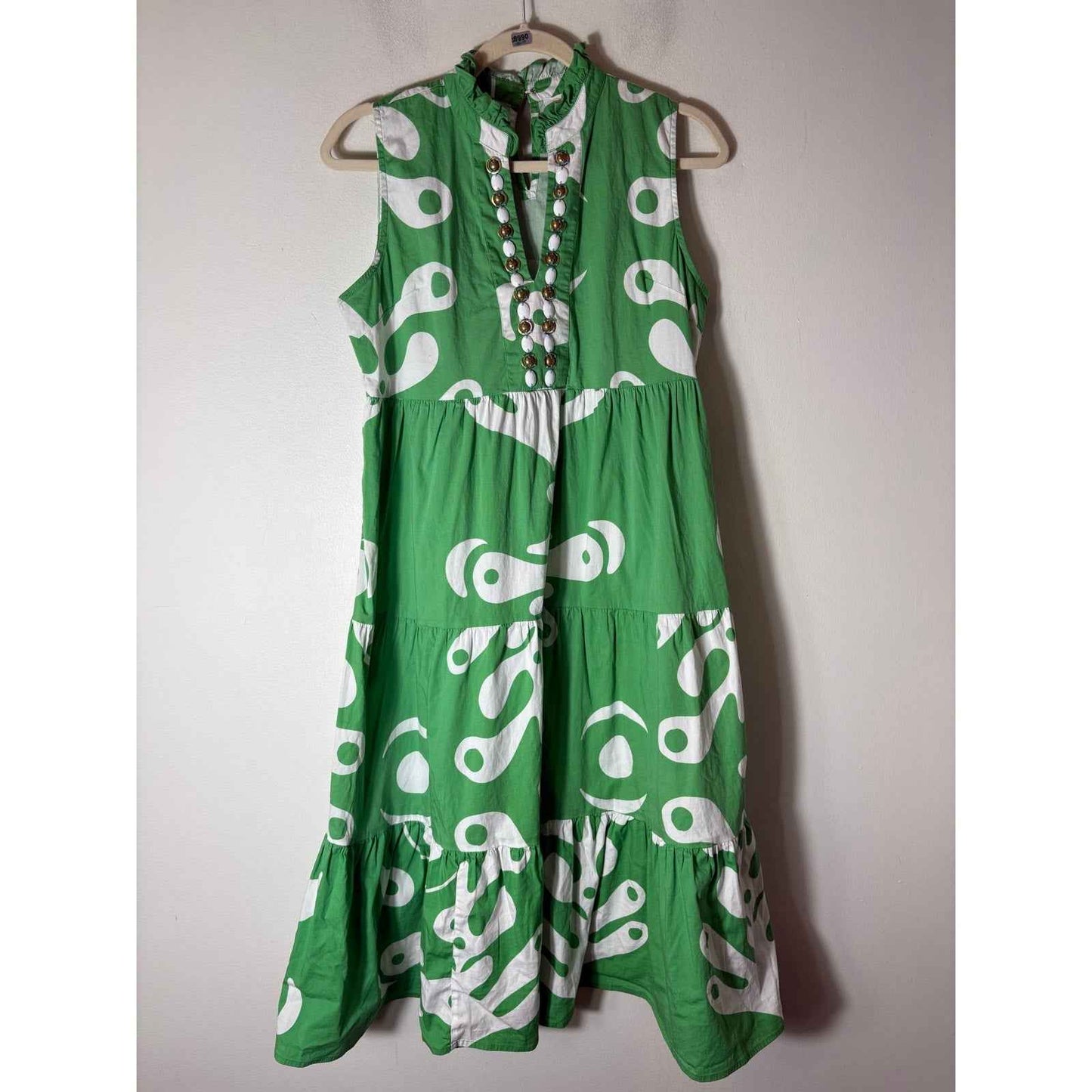 Sheridan French Green and White Cotton Sleeveless Midi Dress Sz M