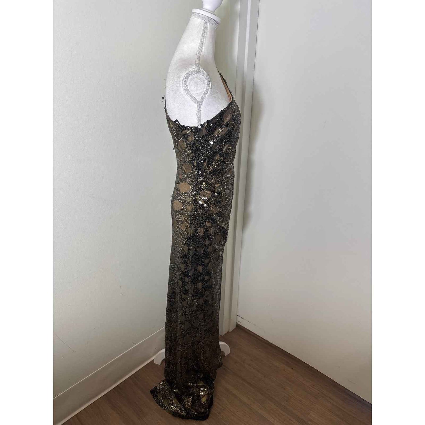 David Meister Black Gold Sequin One Shoulder Ruched Gown Sz 6