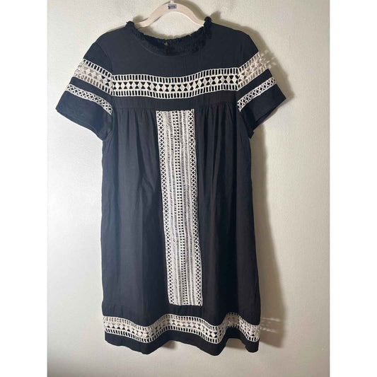 Impeccable Pig Black Short Sleeve Embroidered Knee Length Dress Sz L