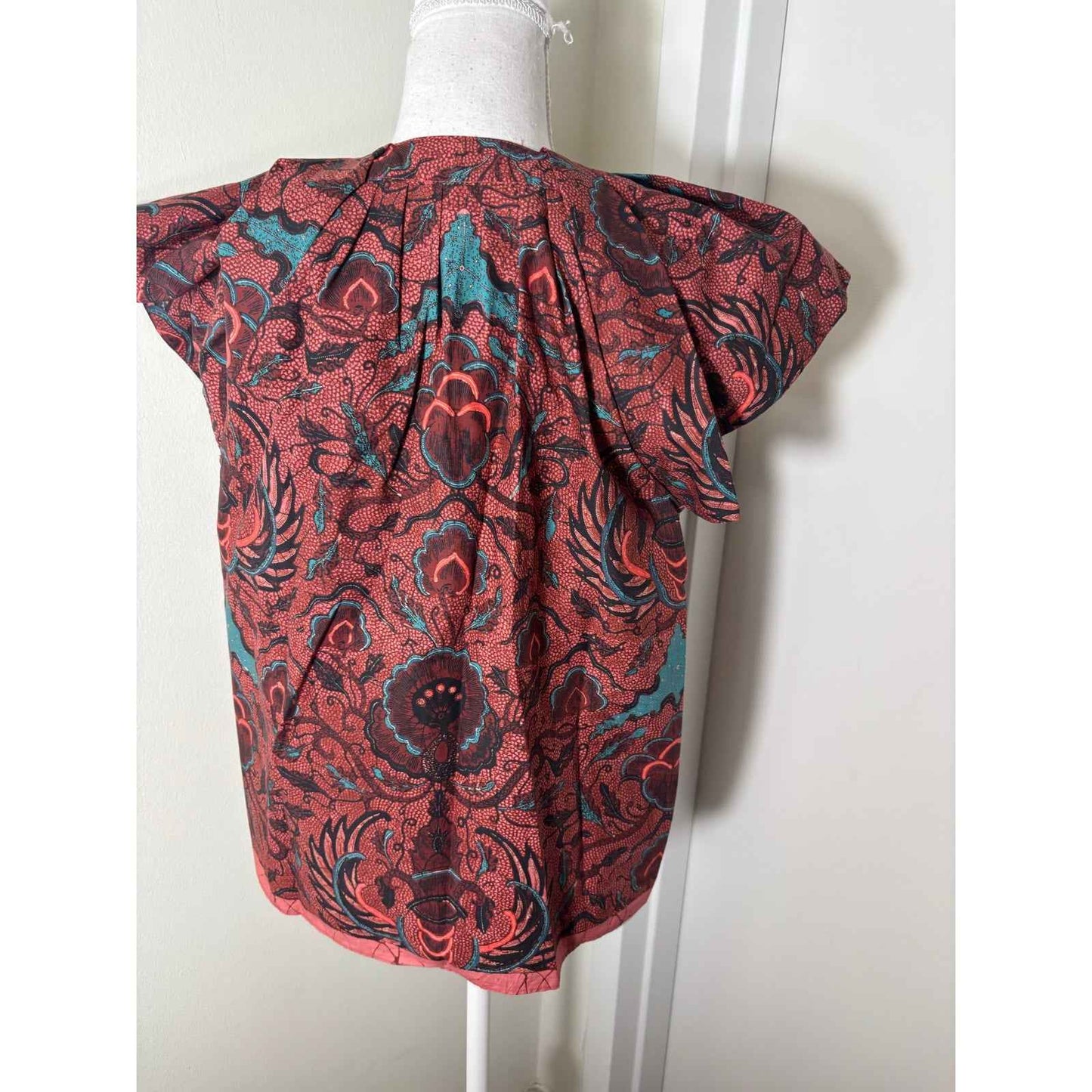 Ulla Johnson Orange Teal Cap Sleeve V-Neck Cotton Top Sz 2