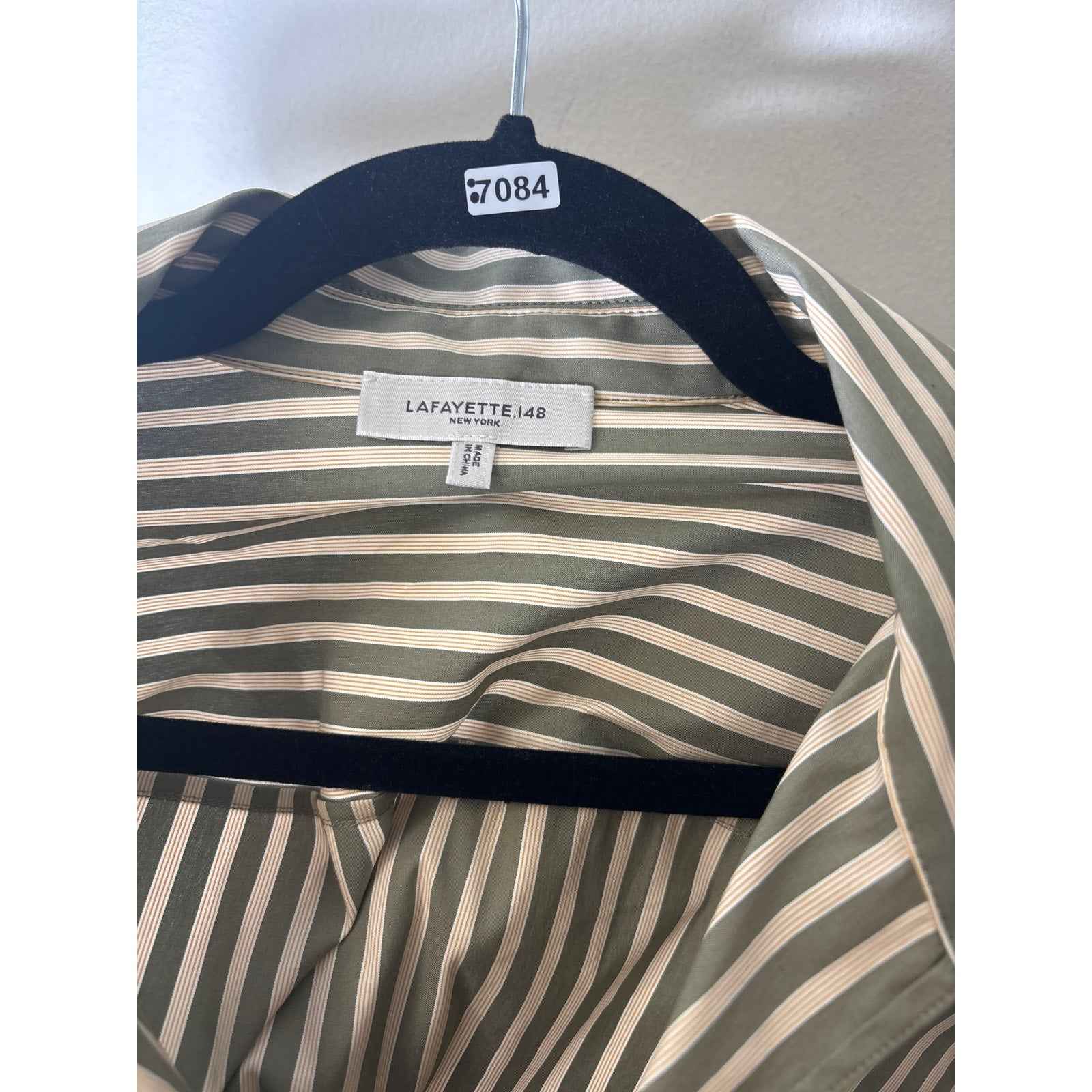 Lafayette 148 Off White Muted Green Long Sleeve Long Wide Sleeve Shirt Sz M