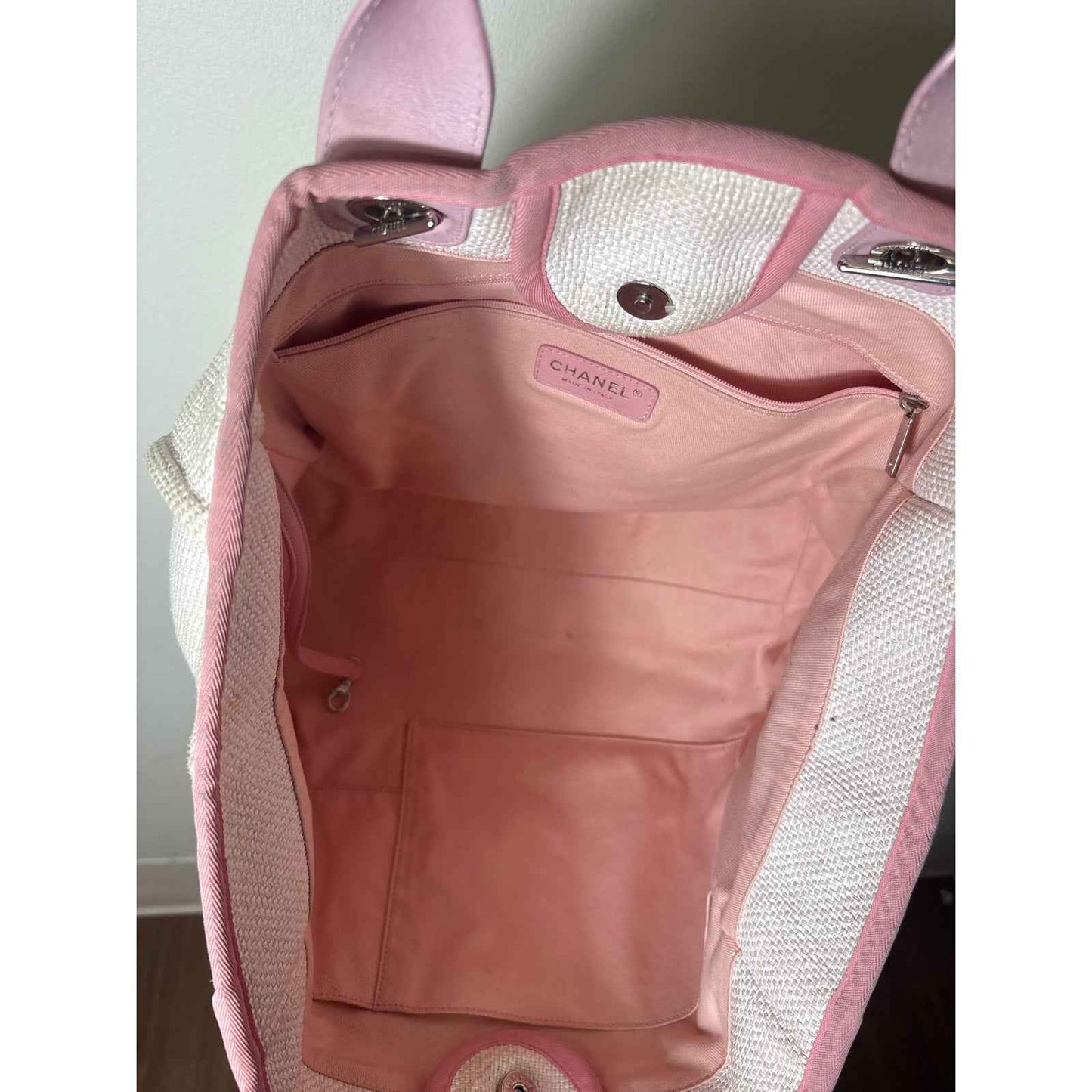 Chanel Deauville Shopping Tote Light Pink Raffia and Canvas Silver Hardware
