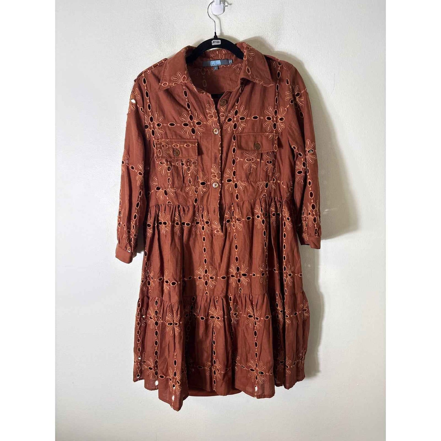 Eva Franco Brown Eyelet Tiered Half Sleeve Mini Dress Sz S