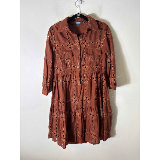 Eva Franco Brown Eyelet Tiered Half Sleeve Mini Dress Sz S