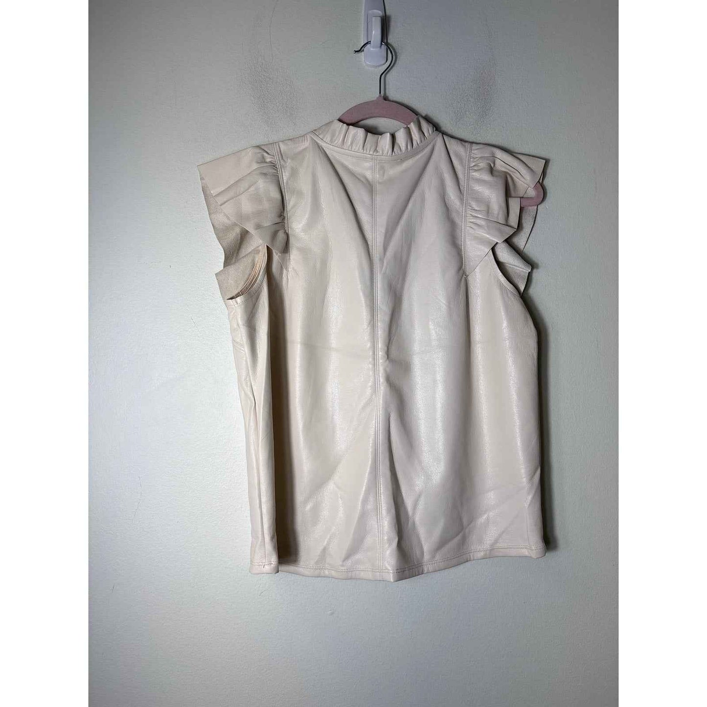 Melissa Nepton Cream Faux Leather Flutter Sleeve Top Sz M