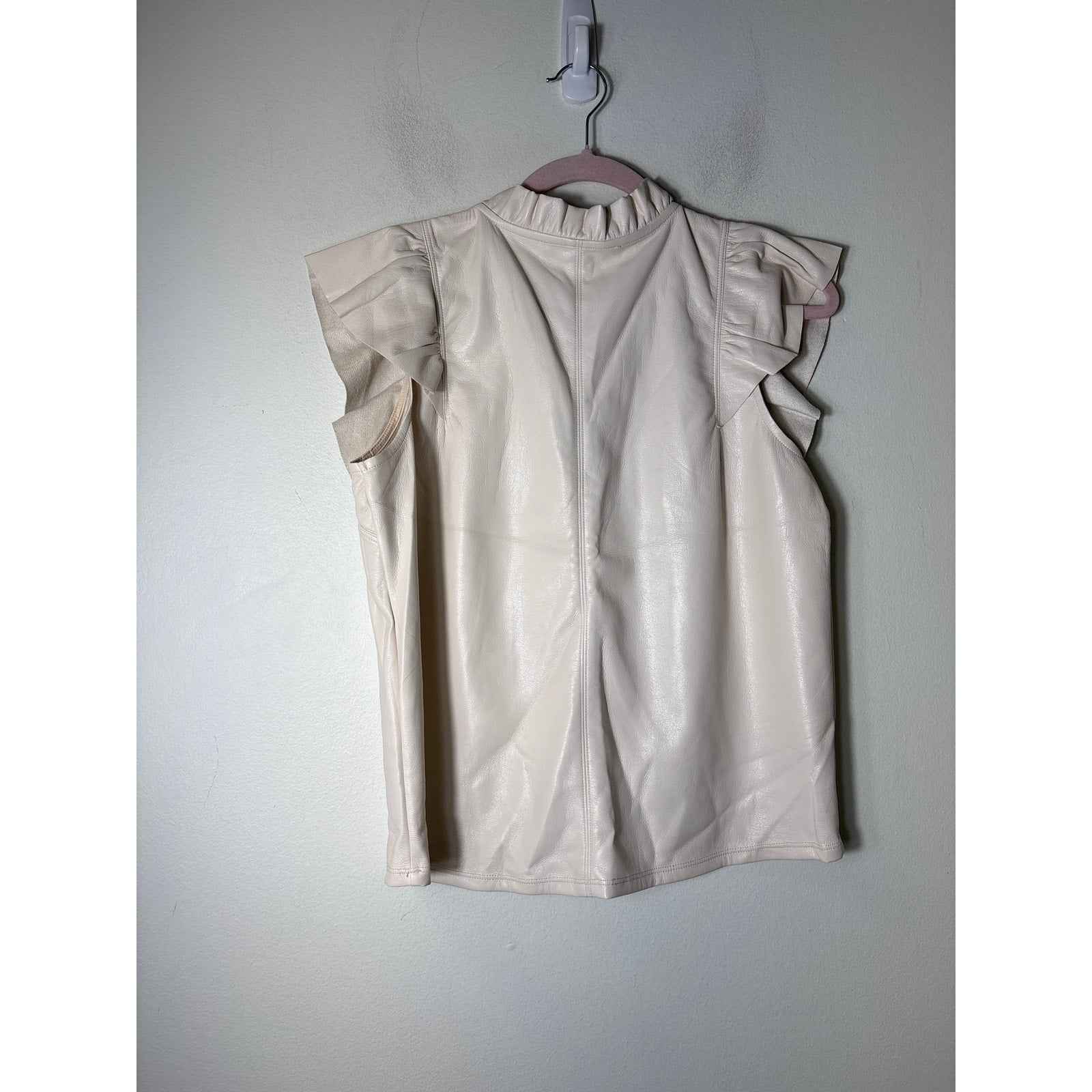 Melissa Nepton Cream Faux Leather Flutter Sleeve Top Sz M
