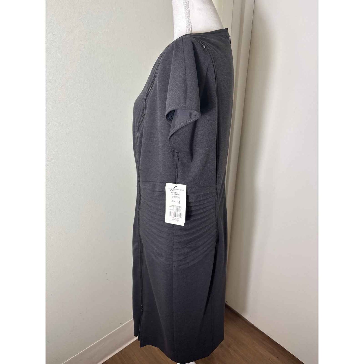 NWT Etcetera Dark Gray Sleeveless Zip Up Pleated Midi Sheath Dress Sz 14