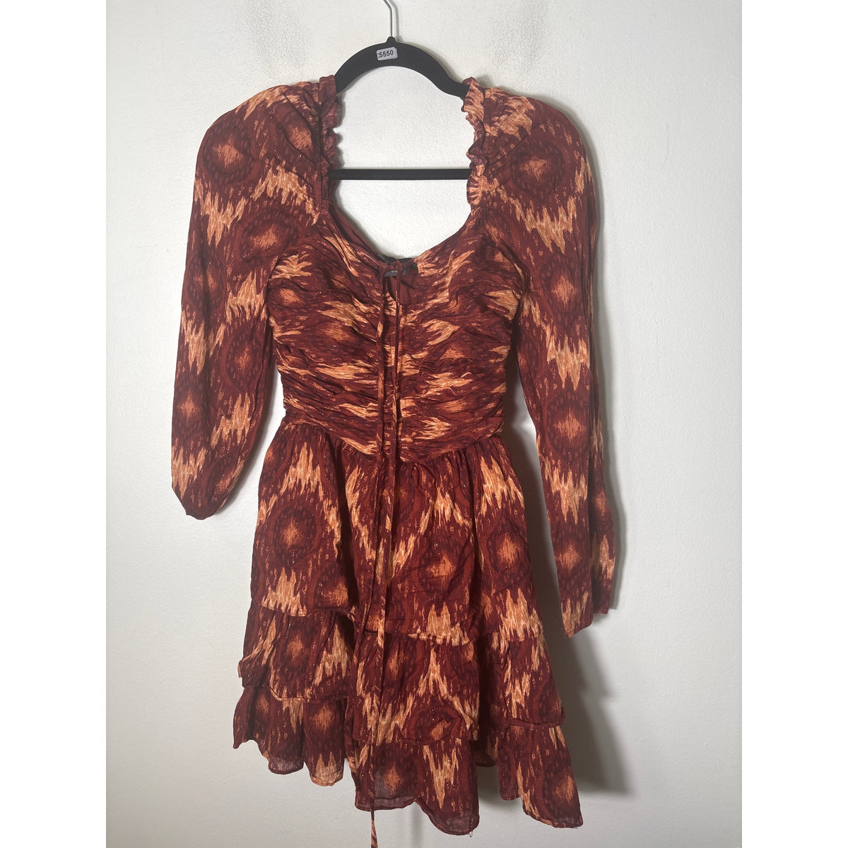 House of Harlow Burgandy Ikat  Copper Thread Ruffled Dress Sz XS