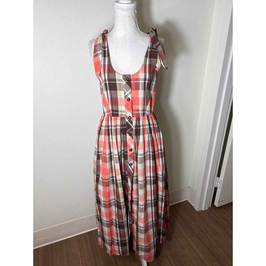 Buru Coral and Brown Plaid Tie Shoulder Maxi Dress Sz S