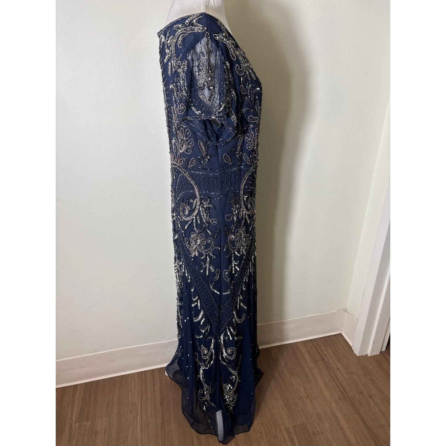 Pisarro Nights Navy With Gold and Silver Sequin Gown Sz 14