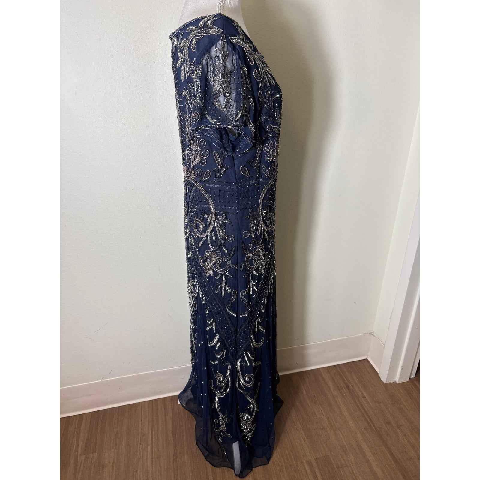 Pisarro Nights Navy With Gold and Silver Sequin Gown Sz 14