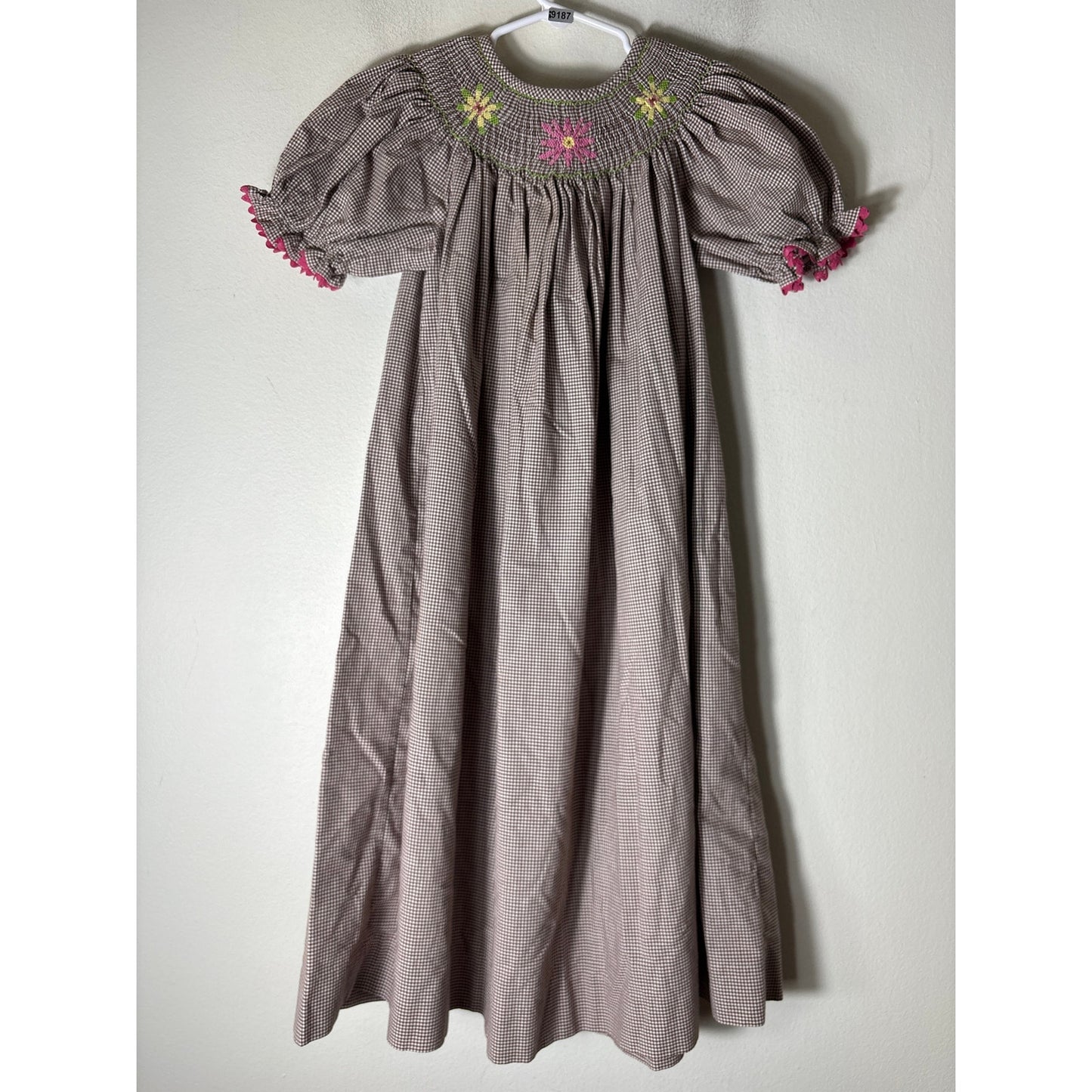 Girls Vintage Castles&Crowns Brown&white Check smocked flowers dress Sz 6