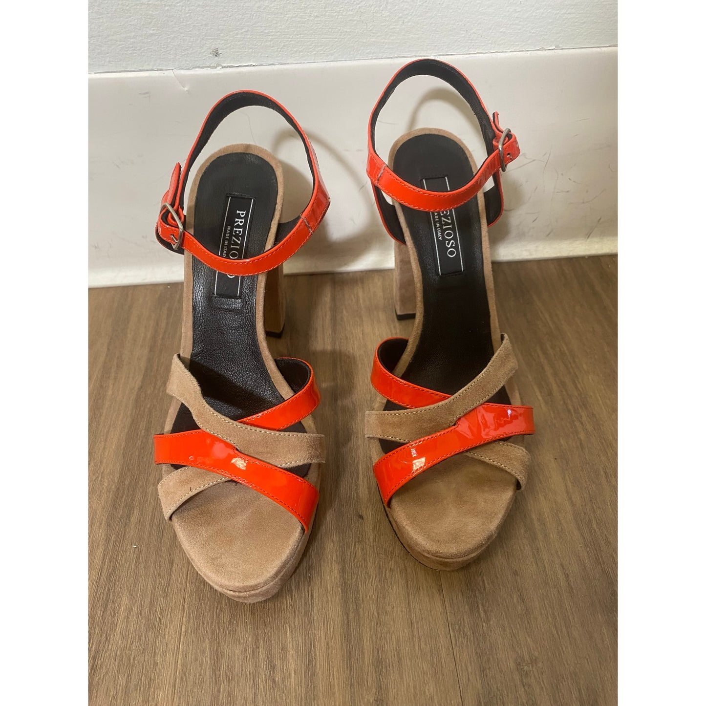 Prezios Rose Suede with Orange Patent Leather Straps "Camoscio Rose" Sz 38 (7.5)