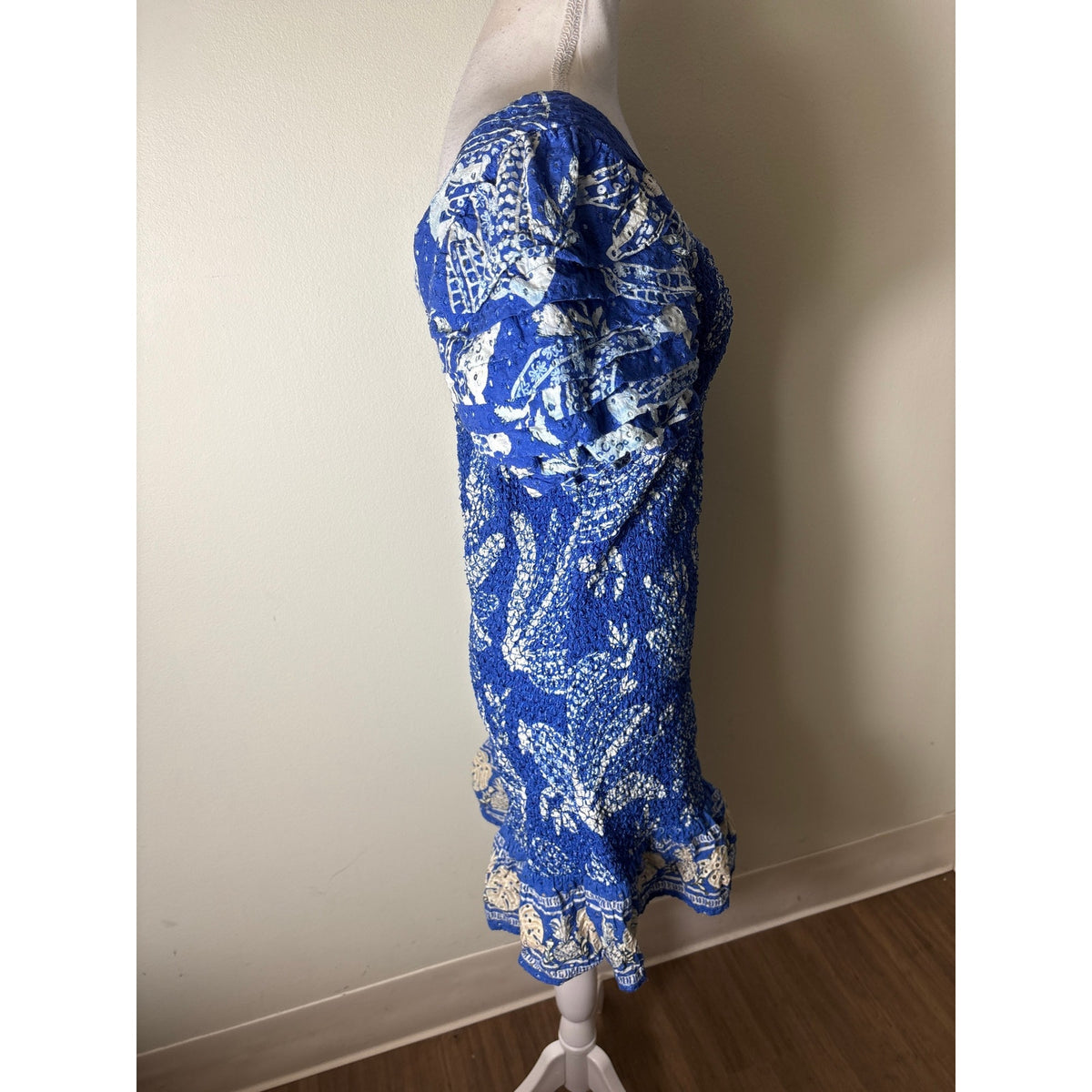 Farm Rio Blue White Smocked Flutter Sleeve Mini Dress Sz M