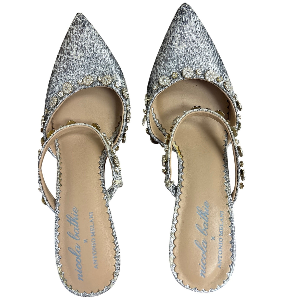 Nicole Bathie x Antonio Melani Pointed Silver Heels Sz 8